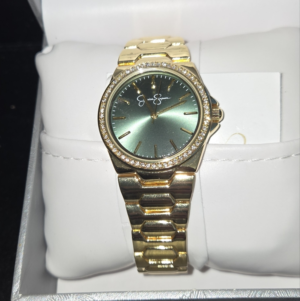 Gold and Green Watch with Crystal Accents